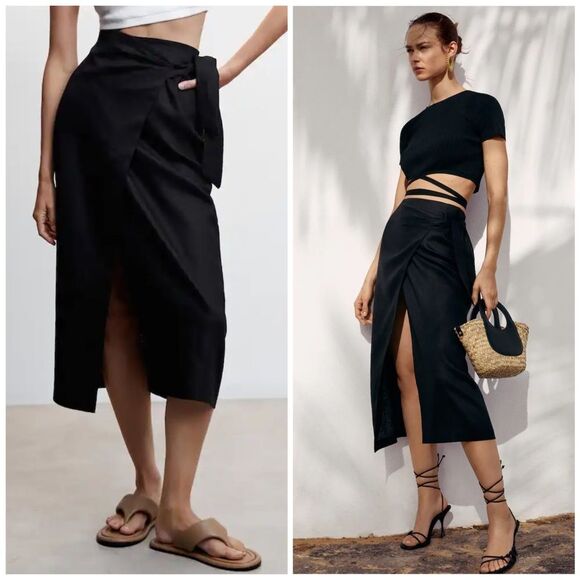 Mango 100% Linen Pareo Wrap Skirt Black - Picture 1 of 13